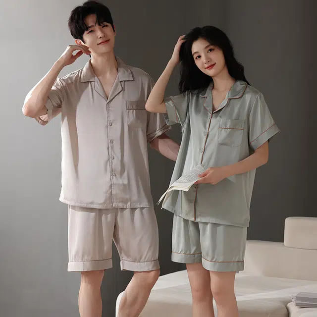 夏芬妍 简约高级感舒适凉感纯色缎面冰雪丝翻领家居服亲肤休闲短袖短裤时尚可外穿夏季薄款睡衣套装 男女同款