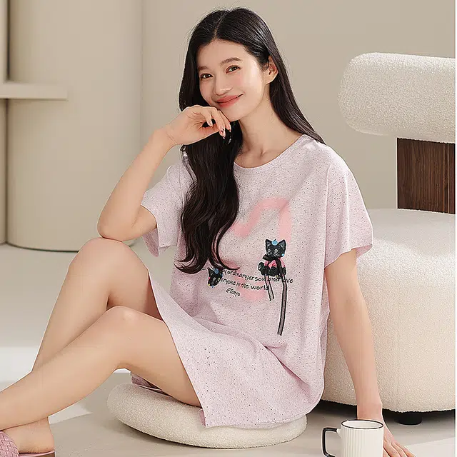 夏芬妍 时尚柔软亲肤爱心小猫圆领家居服简约休闲舒适短袖睡衣可外穿睡裙 女款 浅粉色