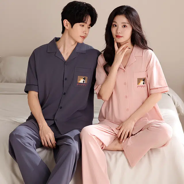 夏芬妍 简约时尚柔软舒适纯色可爱猫咪翻领家居服亲肤休闲短袖长裤可外穿睡衣套装 男女同款