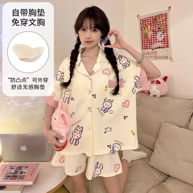 夏芬妍 柔软舒适卡通爱心兔子翻领开衫家居服亲肤短袖短裤休闲带胸垫可外穿睡衣套装 女款