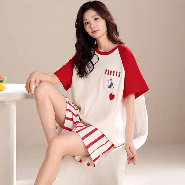 夏芬妍 简约柔软舒适爱心条纹兔子纯棉圆领家居服透气亲肤宽松短袖短裤可外穿睡衣套装 男女同款