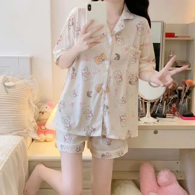 夏芬妍 柔软舒适可爱小猫咪云朵棉翻领开衫家居服亲肤休闲短袖短裤可外穿睡衣套装 女款 杏色