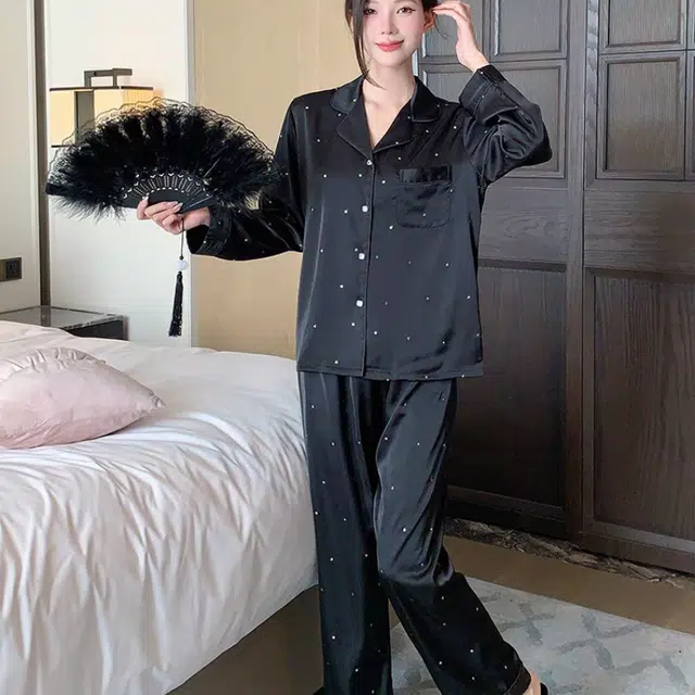 夏芬妍 简约舒适高级感气质暗夜之星翻领家居服亲肤休闲长袖长裤可外穿睡衣套装 女款 黑色