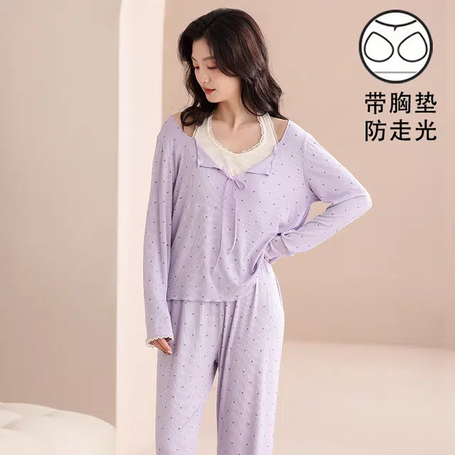 夏芬妍 时尚舒适柔软甜美假两件小爱心带胸垫家居服简约休闲亲肤宽松长袖长裤可外穿睡衣套装 女款 紫色