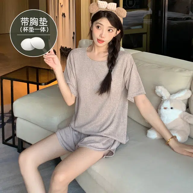 夏芬妍 柔软舒适慵懒风纯色圆领家居服亲肤休闲带胸垫短袖短裤时尚可外穿睡衣套装 女款 卡其色
