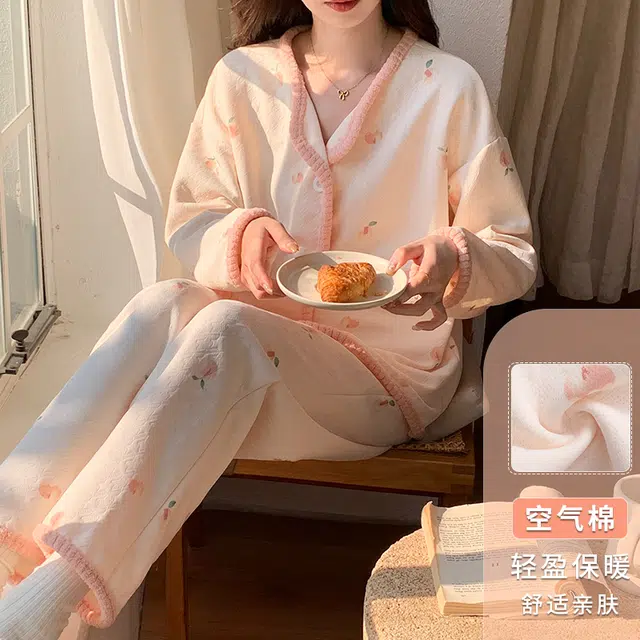 夏芬妍 小清新柔软亲肤开衫家居服加厚保暖蓄温长袖长裤可外穿睡衣套装 女款 粉色