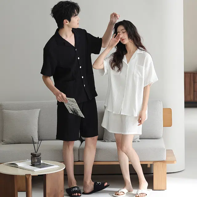 夏芬妍 休闲舒适纯色双层纱婴儿棉翻领开衫家居服柔软亲肤时尚可外穿短袖短裤睡衣套装 男女同款