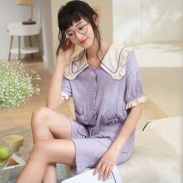 夏芬妍 甜美柔软舒适花边云朵棉公主翻领家居服亲肤休闲短袖短裤可外穿睡衣套装 女款 紫色