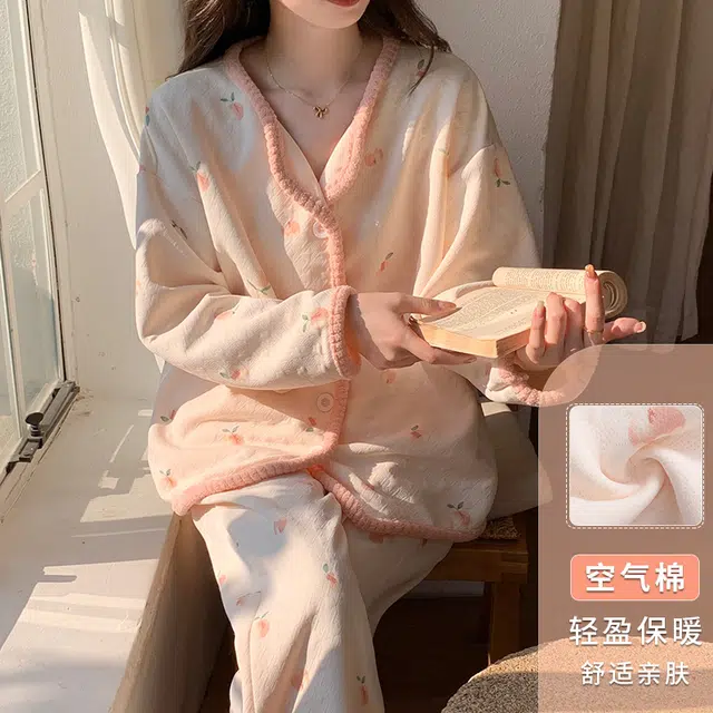 夏芬妍 小清新柔软亲肤开衫家居服加厚保暖蓄温长袖长裤可外穿睡衣套装 女款 粉色