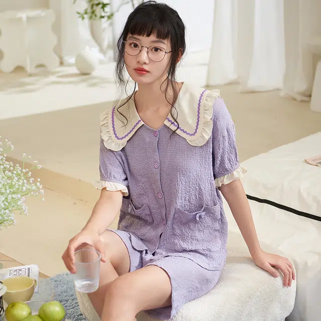 夏芬妍 甜美柔软舒适花边云朵棉公主翻领家居服亲肤休闲短袖短裤可外穿睡衣套装 女款 紫色