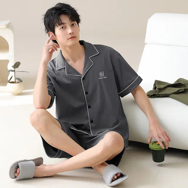 夏芬妍 简约舒适柔软高级感纯色纯棉翻领开衫家居服亲肤休闲短袖短裤时尚可外穿睡衣套装 男款 深灰色