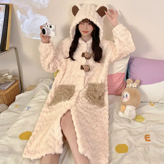 夏芬妍 舒适亲肤柔软可爱小熊卡通连帽家居服加绒加厚蓄温保暖长袖可外穿秋冬款睡袍/浴袍 女款 杏色