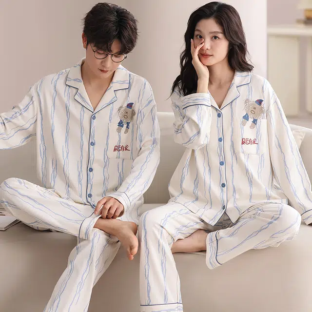 夏芬妍 休闲舒适条纹小熊纯棉翻领开衫家居服柔软亲肤可外穿长袖长裤睡衣套装 男女同款 杏色
