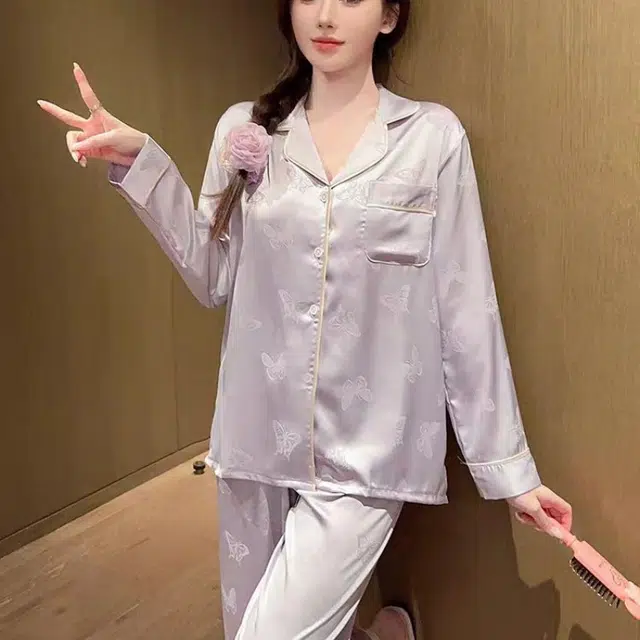 夏芬妍 简约休闲高级感翻领家居服舒适亲肤长袖长裤可外穿睡衣套装 女款 紫色