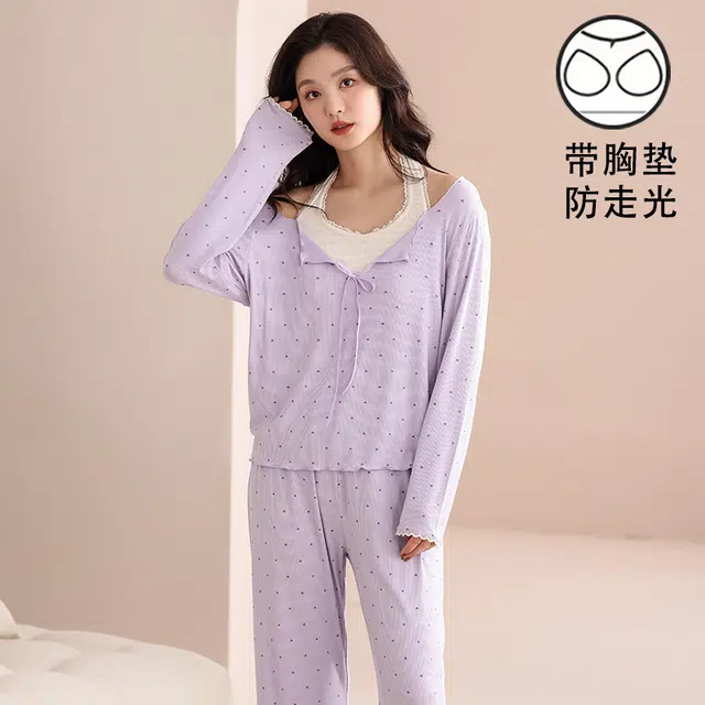 夏芬妍 时尚舒适柔软甜美假两件小爱心带胸垫家居服简约休闲亲肤宽松长袖长裤可外穿睡衣套装 女款 紫色