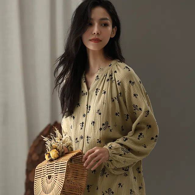 夏芬妍 时尚轻盈舒适柔软甜美碎花开衫婴儿棉双层纱家居服休闲亲肤宽松长袖长裤可外穿睡衣套装 女款 棕色