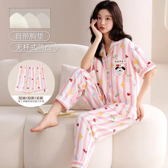 夏芬妍 甜美可爱条纹爱心狗云朵棉舒适亲肤宽松凉感短袖三件套时尚翻领带胸垫可外穿家居服睡衣套装 女款 粉色