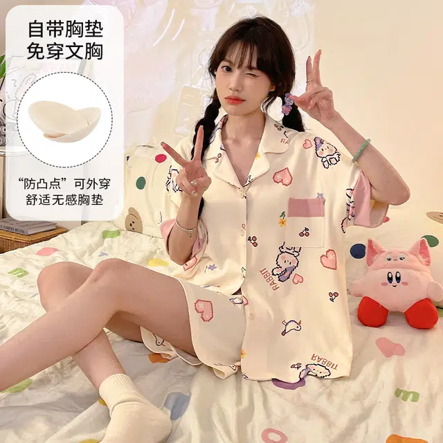夏芬妍 柔软舒适卡通爱心兔子翻领开衫家居服亲肤短袖短裤休闲带胸垫可外穿睡衣套装 女款