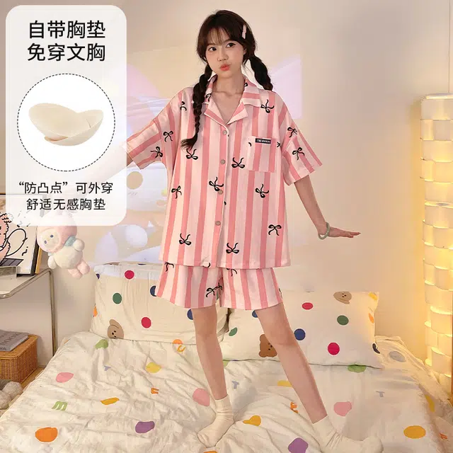 夏芬妍 柔软舒适条纹蝴蝶结翻领开衫家居服亲肤短袖短裤休闲带胸垫可外穿睡衣套装 女款