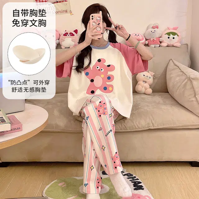 夏芬妍 柔软舒适休闲圆领条纹卡通带胸垫短袖长裤时尚可外穿家居服睡衣套装 女款 粉色