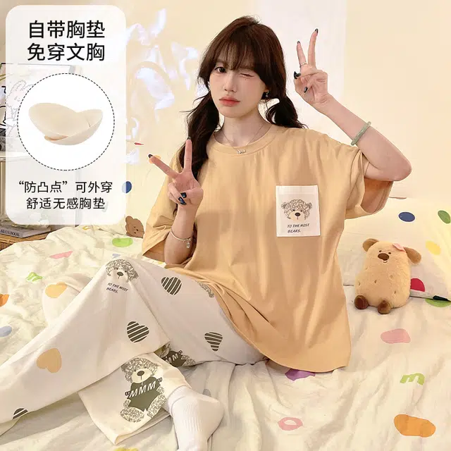 夏芬妍 柔软舒适休闲爱心小熊圆领带胸垫短袖长裤时尚可外穿家居服睡衣套装 女款 黄色