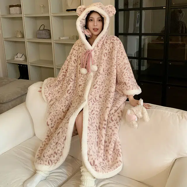 夏芬妍 柔软亲肤时尚家居服加厚保暖可外穿睡袍/浴袍 女款 粉色