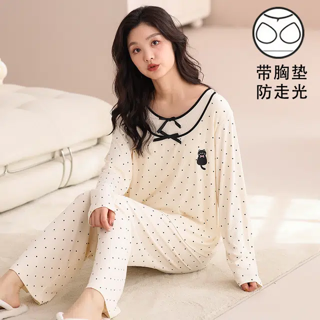 夏芬妍 时尚舒适柔软甜美假两件波点小猫带胸垫家居服简约休闲亲肤宽松长袖长裤可外穿睡衣套装 女款 杏色