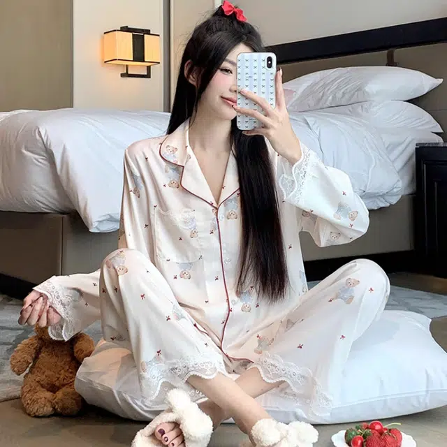 夏芬妍 甜美休闲舒适小熊蕾丝花边长袖长裤可外穿睡衣套装 女款 杏色