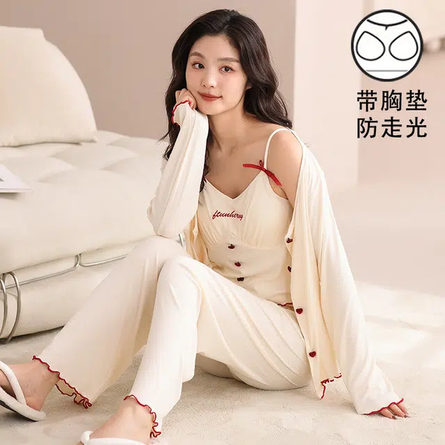 夏芬妍 舒适柔软甜美爱心纽扣带胸垫家居服简约休闲亲肤吊带长袖长裤三件套可外穿睡衣套装 女款 杏色