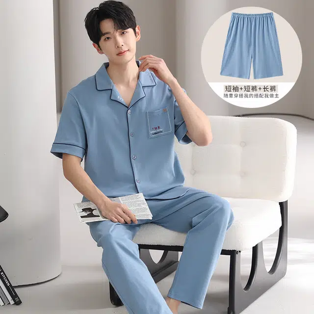 夏芬妍 简约舒适纯色纯棉翻领家居服亲肤宽松休闲短袖短裤长裤三件套时尚可外穿睡衣套装 男款 蓝色