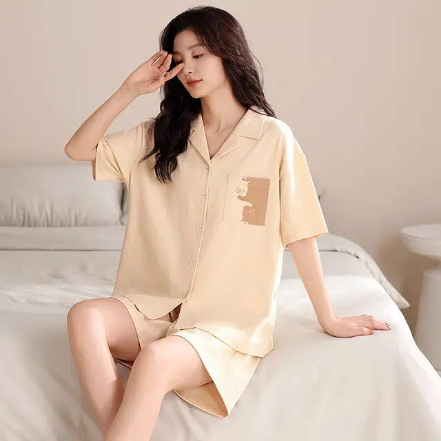 夏芬妍 简约柔软舒适纯色小猫贴袋纯棉翻领家居服透气亲肤宽松短袖短裤可外穿睡衣套装 男女同款