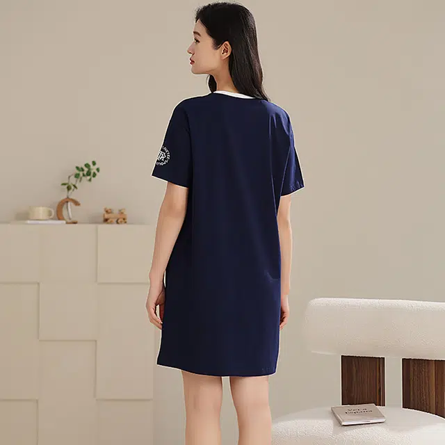 夏芬妍 时尚柔软亲肤海军小熊圆领家居服简约休闲舒适短袖睡衣可外穿睡裙 女款 深蓝色