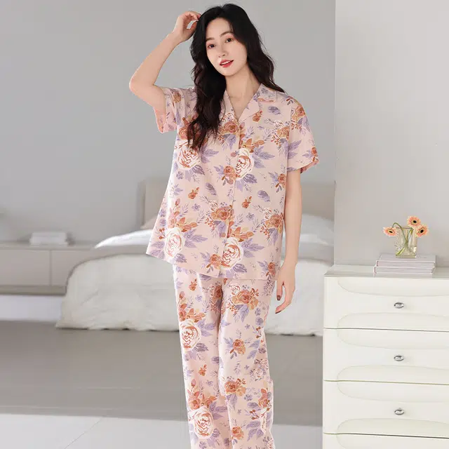 夏芬妍 简约时尚柔软舒适花卉满印翻领家居服亲肤休闲短袖长裤可外穿睡衣套装 女款 粉色