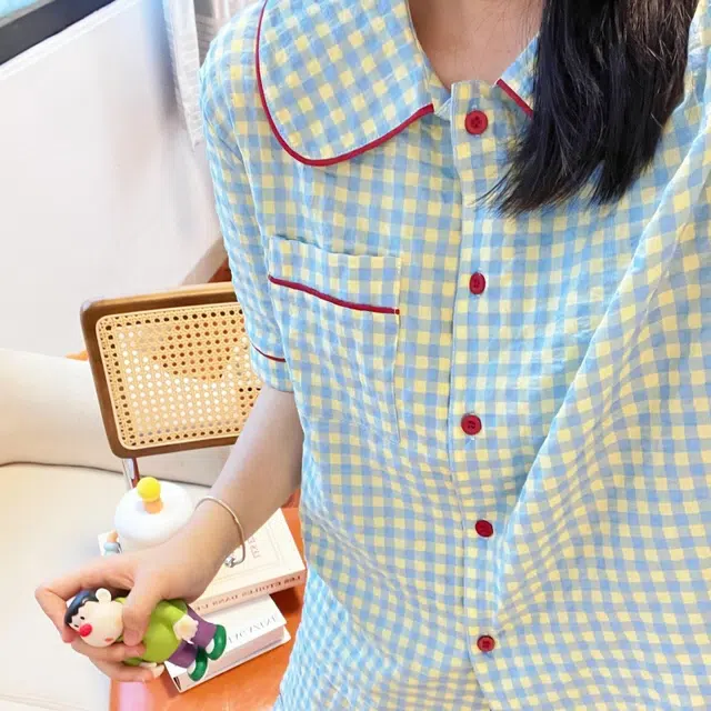 夏芬妍 柔软舒适甜美格子云朵棉翻领开衫家居服亲肤休闲短袖短裤休闲可外穿睡衣套装 女款