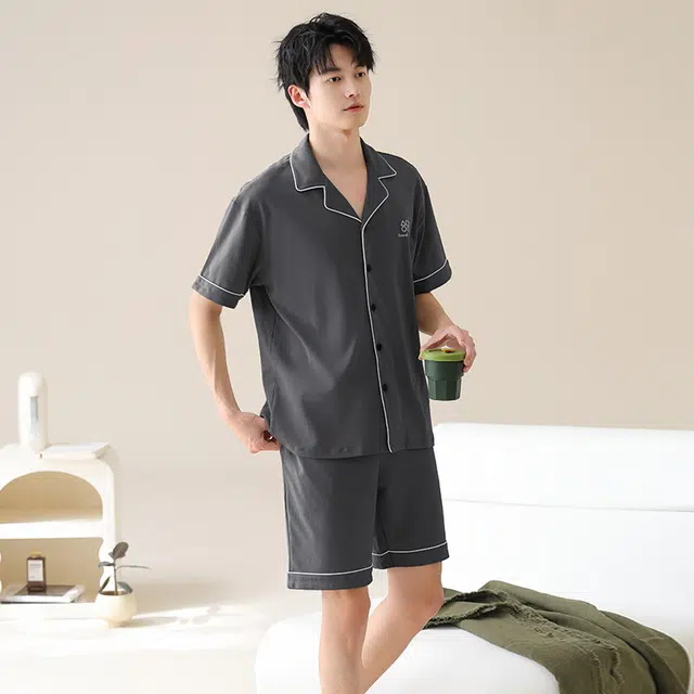 夏芬妍 简约舒适柔软高级感纯色纯棉翻领开衫家居服亲肤休闲短袖短裤时尚可外穿睡衣套装 男款 深灰色