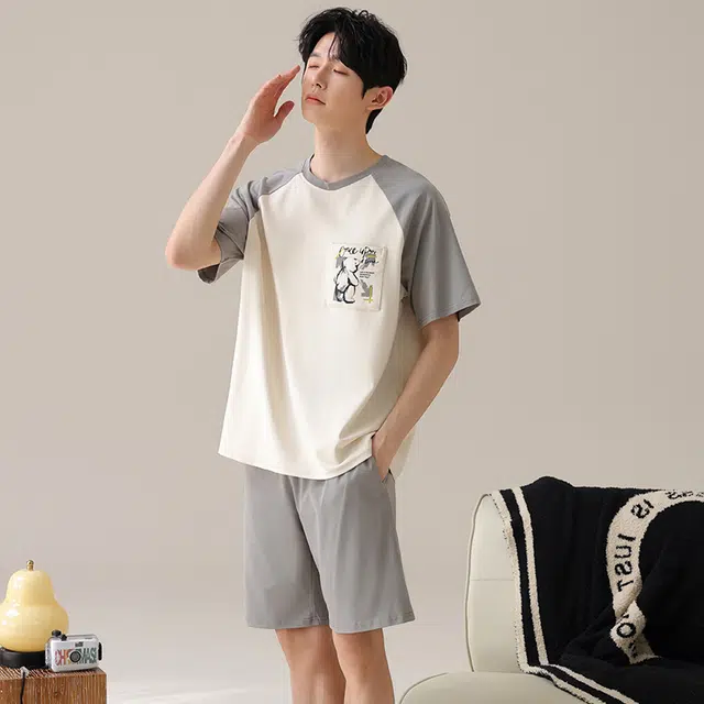 夏芬妍 亲肤舒适小熊贴袋纯棉圆领家居服柔软休闲短袖短裤时尚可外穿睡衣套装 男款 杏色