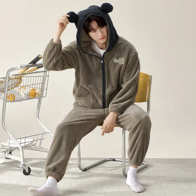 夏芬妍 简约时尚亲肤卡通连帽贵妃绒家居服加绒加厚保暖舒适可外穿秋冬款睡衣套装 男款 海鸥灰