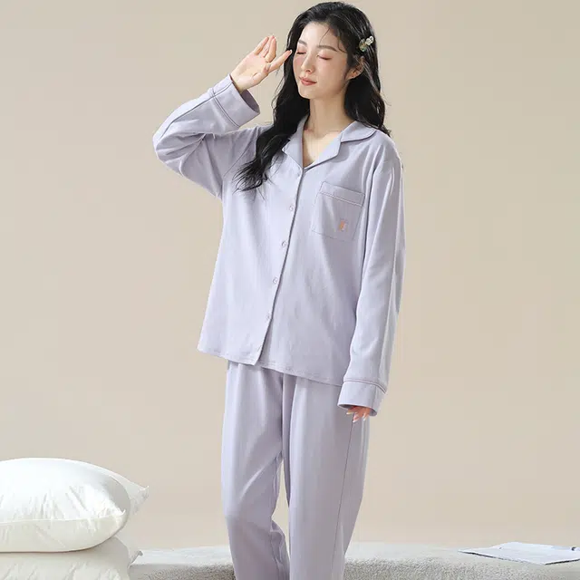 夏芬妍 时尚休闲舒适纯色贴袋翻领家居服亲肤宽松长袖长裤可外穿春秋款睡衣套装 女款 紫色