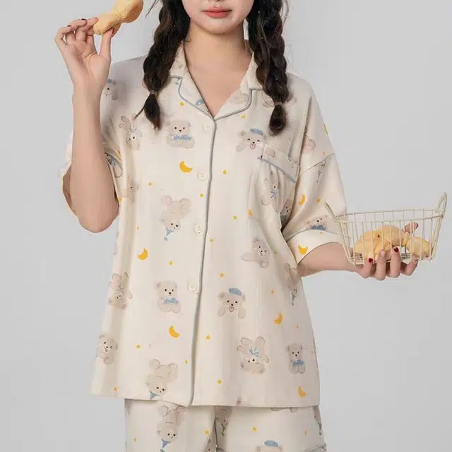 夏芬妍 甜美休闲舒适时尚月亮小熊纯棉翻领家居服亲肤宽松短袖短裤可外穿睡衣套装 女款 杏色