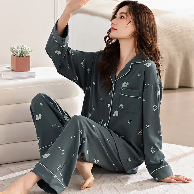 夏芬妍 亲肤舒适翻领家居服简约休闲长袖长裤可外穿睡衣套装 女款 藏蓝色