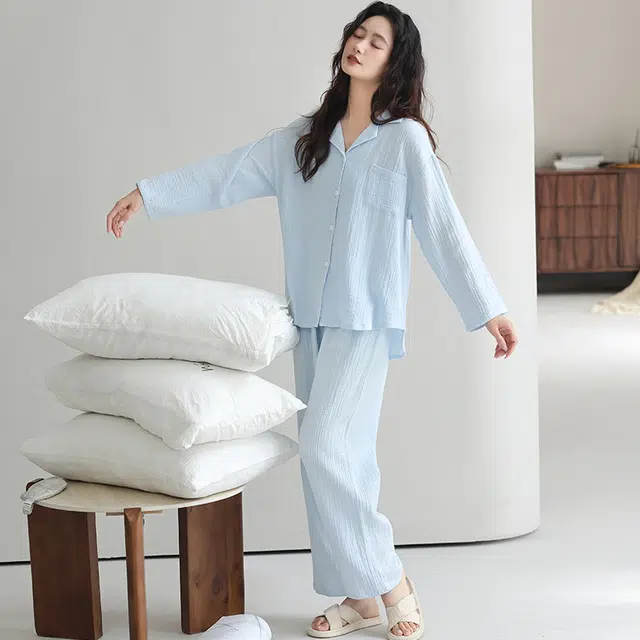 夏芬妍 休闲舒适纯色双层纱婴儿棉翻领开衫家居服柔软亲肤可外穿长袖长裤睡衣套装 女款 蓝色