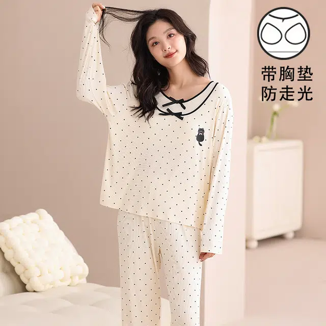 夏芬妍 时尚舒适柔软甜美假两件波点小猫带胸垫家居服简约休闲亲肤宽松长袖长裤可外穿睡衣套装 女款 杏色