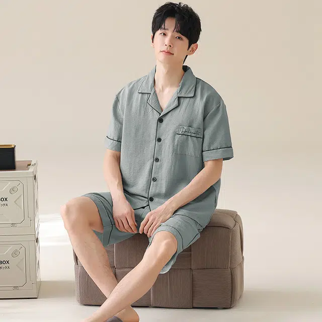 夏芬妍 简约舒适柔软纯色云朵棉翻领开衫家居服亲肤休闲短袖短裤时尚可外穿睡衣套装 男款 灰绿色