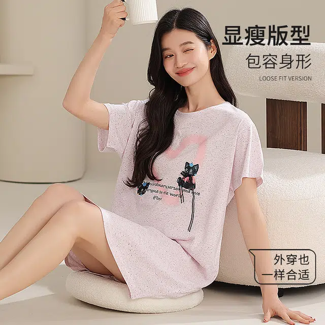 夏芬妍 时尚柔软亲肤爱心小猫圆领家居服简约休闲舒适短袖睡衣可外穿睡裙 女款 浅粉色