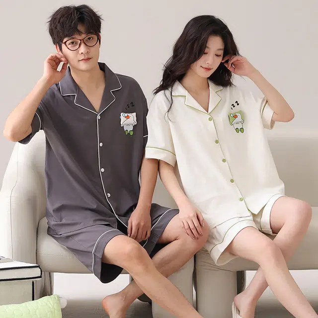 夏芬妍 柔软安睡小鸭翻领家居服休闲舒适短袖短裤时尚可外穿睡衣套装 男女同款