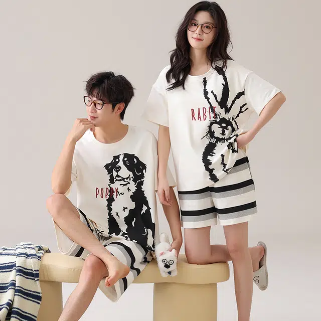 夏芬妍 柔软舒适条纹萌宠翻领家居服休闲短袖短裤时尚可外穿睡衣套装 男女同款