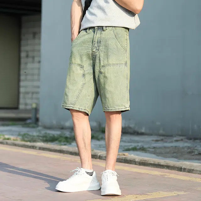 潮人榜 美式高街复古宽松直筒五分裤子潮牌休闲百搭痞帅拼接高端牛仔短裤 男款