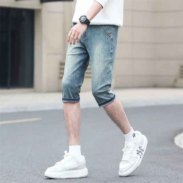 潮人榜 夏季薄款美式潮牌复古高级感修身弹力七分裤潮流百搭痞帅高端牛仔短裤 男款
