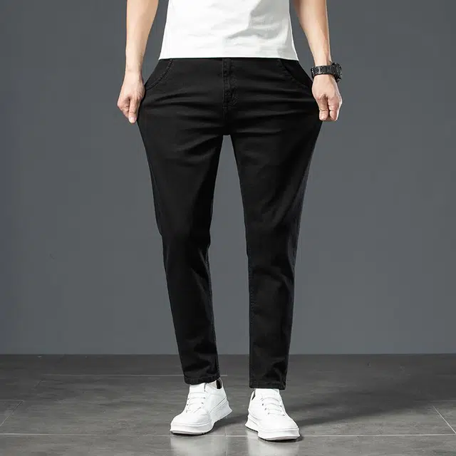 潮人榜 秋冬季黑色高端潮牌百搭中腰显高直筒厚款柔软舒适日常通勤商务弹力修身牛仔裤 男女同款