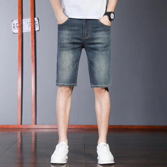 潮人榜 夏季薄款高端潮牌复古修身弹力五分裤潮流百搭痞帅美式牛仔短裤 男款